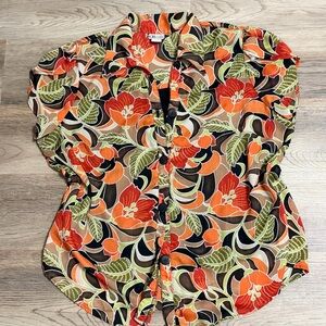 Floral Button-Down Shirt - Orange, Green, Black